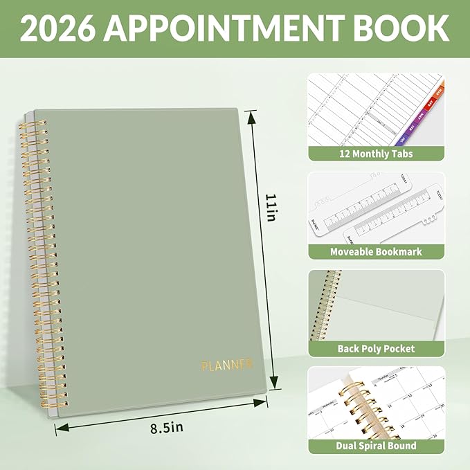 SUNEE 2026 Appointment Book, Quarter-Hourly, Weekly & Monthly - from January 2026 - December 2026, 8.5"x11" Weekly Planner, Flexible Cover, Note Pages, Pockets, Bookmark, Spiral Binding,