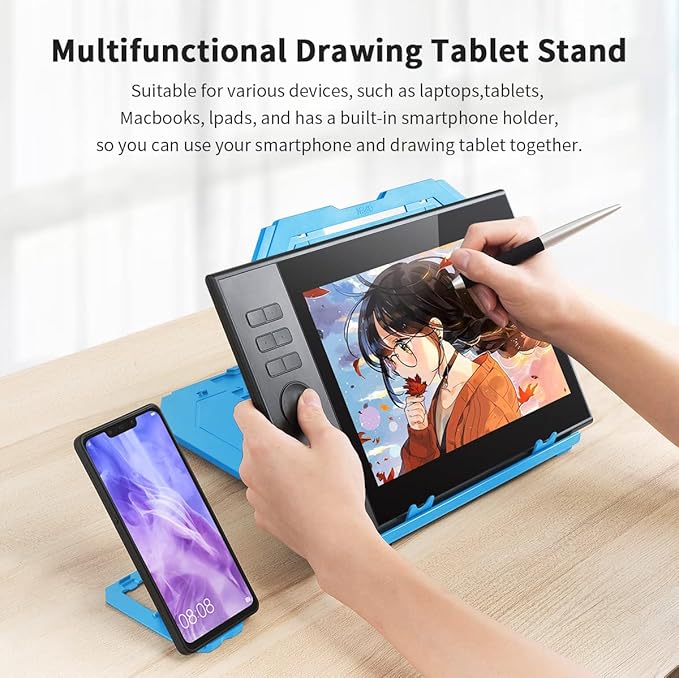 Drawing Tablet Stand, Laptop Foldable Stand for Tablet Display, 9 Levels Adjustable Angles with a Built-in Phone Holder, for 12-17 inch Drawing Tablet, Smartphones