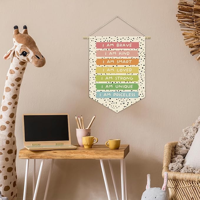 Boho Classroom Decor,Positive Affirmation for Playroom Wall Decor Canvas Banner,Pastel Rainbow Wall Hanging Pennant Flagfor Playroom Homeschool Bedroom 15x11in