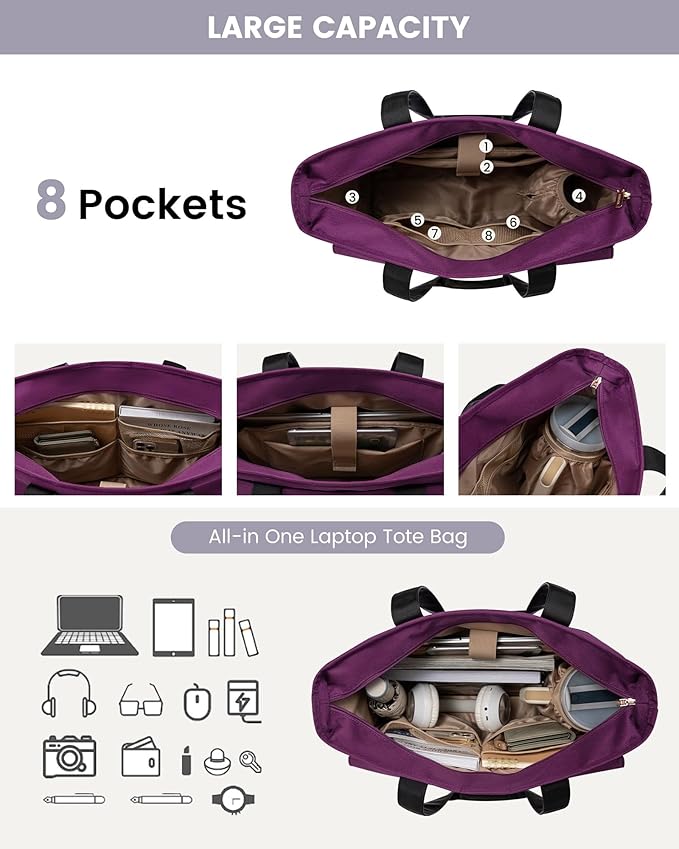 LOVEVOOK Upgrade Version Work Bags for Women 15.6 Inch Laptop Bag Large Capacity Mutiple Pockets Teacher Bag Water Resistant Canvas Tote Bag Purse for Office Travel Nurse Teacher, Dark Purple-Black