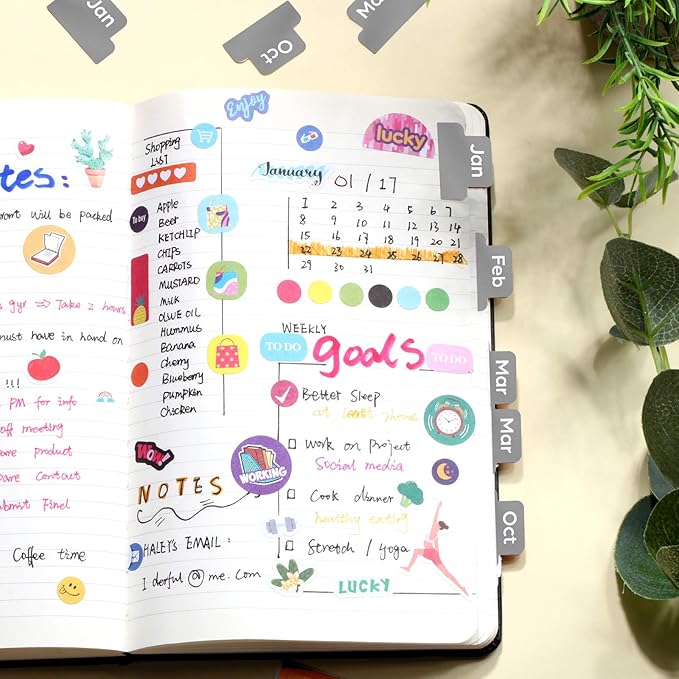 Outus 24 Pieces Monthly Adhesive Tabs for Planner - Designer Accessories Monthly Tabs Stickers Decorative for Office Planners Organizations Sturdy Notebook Planners Journal(Grey)