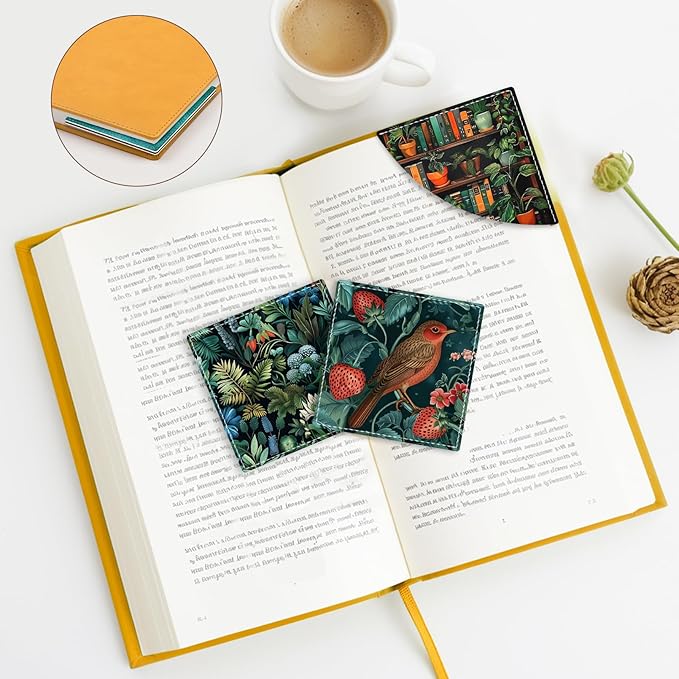 Floral Birds Corner Bookmarks, Cute Leather Book Accessories for Book Lovers, 3 Pcs Reading Book Page Markers for Women Men Student Teacher Girls Boys Kids Retirement Birthday Gifts