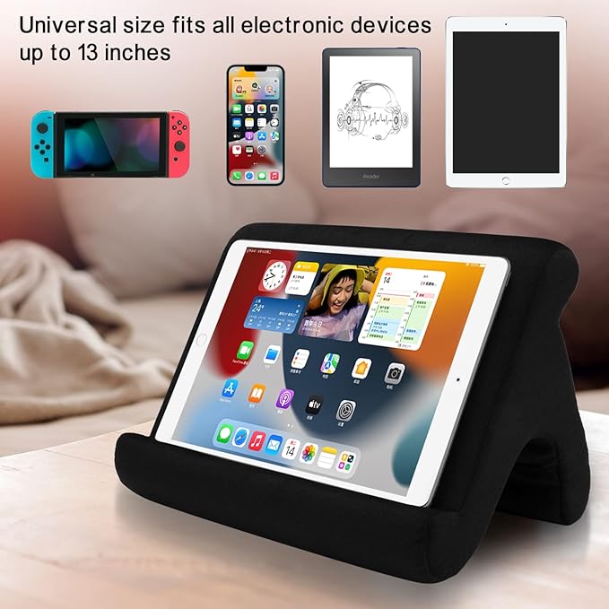 Tablet Pillow Stand - 3 Viewing Angles, Compatible with Tablets, Phones & iPad Pro 9.7, 10.5, 12.9 Air Mini 4, Kindle, E-Reader & Books (Black)
