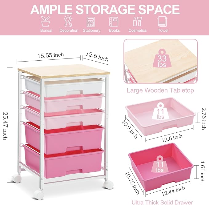 Utility Cart with 5 Drawers,Storage Drawer Cart with Wooden Tabletop and Lockable Wheels,Craft Storage Trolley Cart,5-Tier Rolling Utility Cart on Wheels,Rose Pink