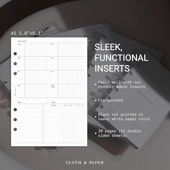 Cloth & Paper Weekly Admin Planner Inserts | A5 Size 5.8 x 8.3 Inches | 6 Ring Punch | Monday Start | Minimalist Weekly Agenda Refill | Task List & Habit Tracker Planner Pages for A5 Ring Binder