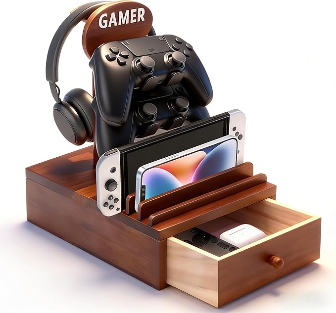 Gamer Wood Controller Holder and Headphone Stand with Storage Drawer for Gaming Equipment,Gamer Gifts for Teenage Boy,Gaming Desk Accessories for Men,Brother,Son,Boyfriend,Husband