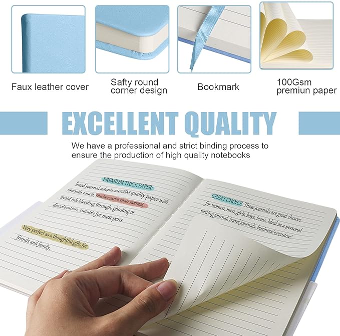 Lined Journal Notebook, 10Pack Hardcover Notebook for Men & Women – Journals for Writing, Work, School, Home & Daily Notes, 160 Pages – Medium A5, 5.7"x8", 100 gsm Thick Paper (Sky Blue)
