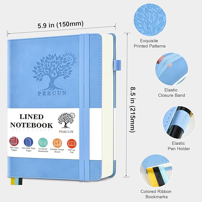 Lined Journal Notebook for Men & Women, 160 Pages College Ruled Journal for Writing, A5 Hardcover Leather Notebooks for Work, School, Business, Travel, Daily Diary 5.9" x 8.5" (Blue)
