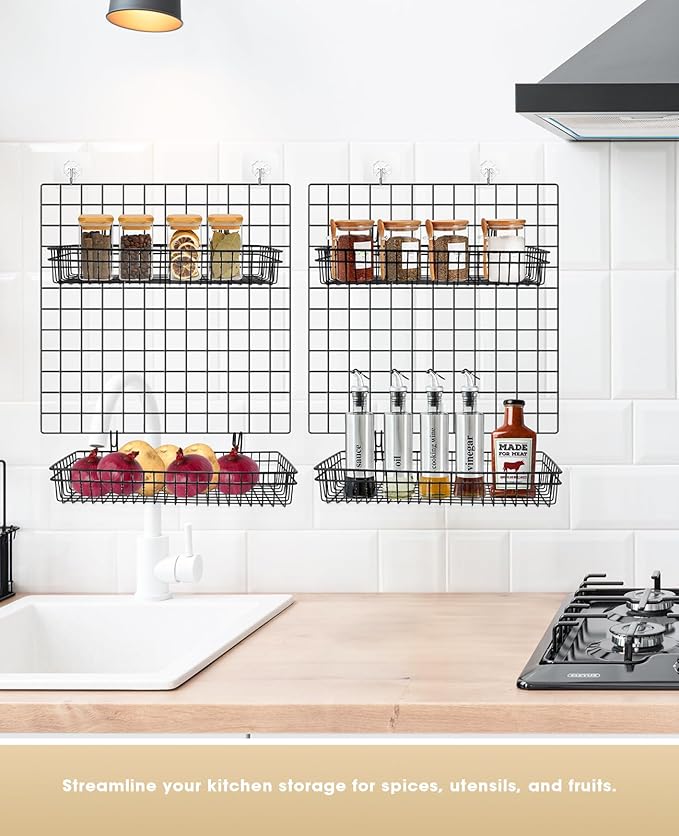 ANZOME 2 Pcs Metal Grid Wall Baskets with Hooks - Black Hanging Wire Basket Grid Wall Shelves - Multi Function Storage Organizer Plant Holder Shelf for Mesh Wall Grid Kitchen Organizing Display