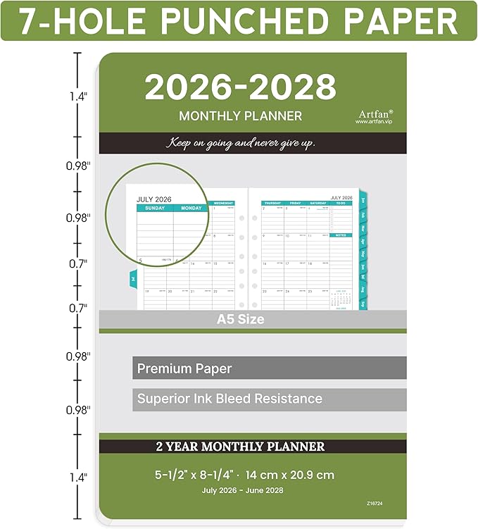 2026-2028 Monthly Planner Refill - Planner Inserts with 7-Hole Punched, 5-1/2" x 8-1/2", July 2026 to June 2028, Two Pages Per Month, 2026-2028 Calendar with Monthly Tabs