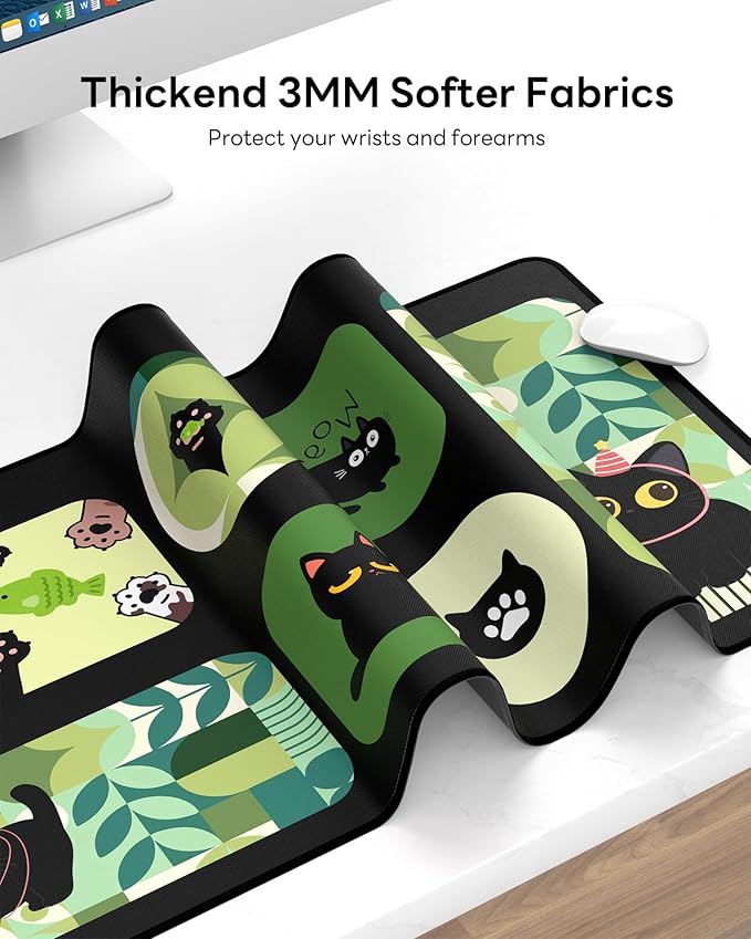 XL Gaming Mouse Pad, 31.5x17.5'' Large Desk Mat with Anti-Slip Rubber Base & Stitched Edges for Gaming, Office, Home - Cute Kitty