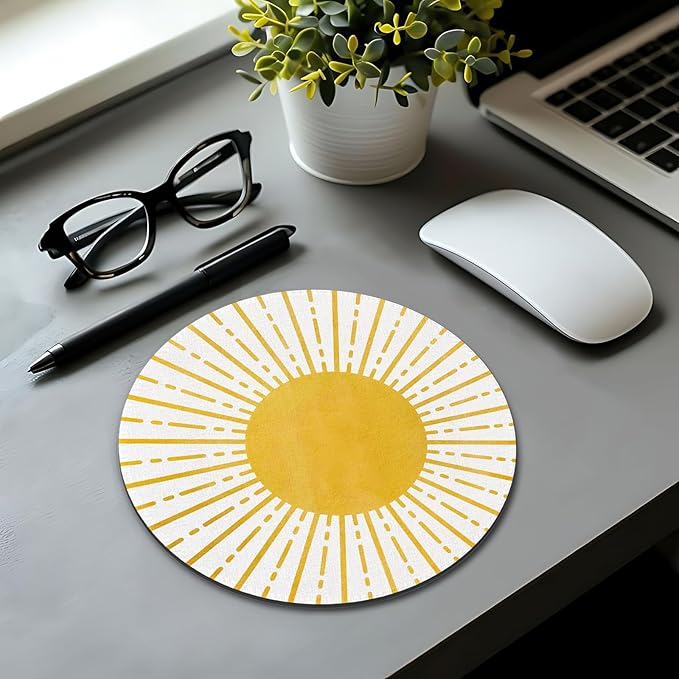 Boho Yellow Sunshine Mouse Pad,Sunshine Mouse Pads Mousepad for Desk Home Office Dorm Computers Laptop, Boho Office Supplies Desk Accessories, 7.9x7.9 Inch