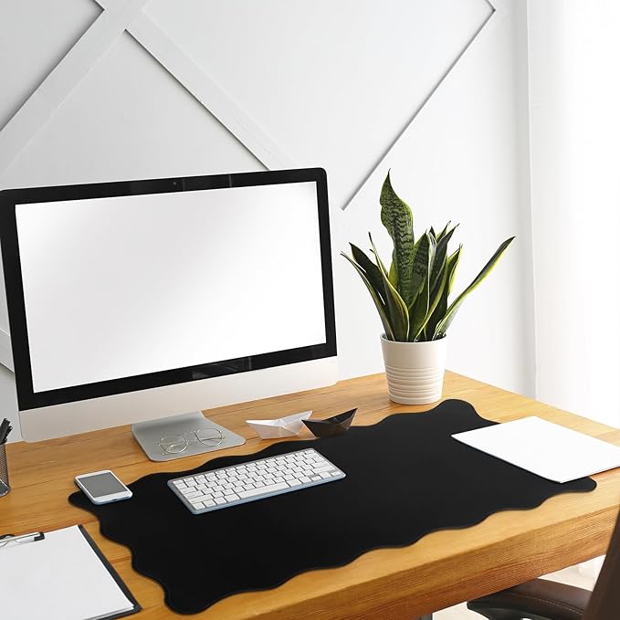 Scalloped Desk Mat Large Scalloped Piping Cute Desk Mat Aesthetic Preppy Table Pad Large Nonslip Pad with Edge Stitching Waterproof Gaming(Black,23.62 x 13.78 Inches)