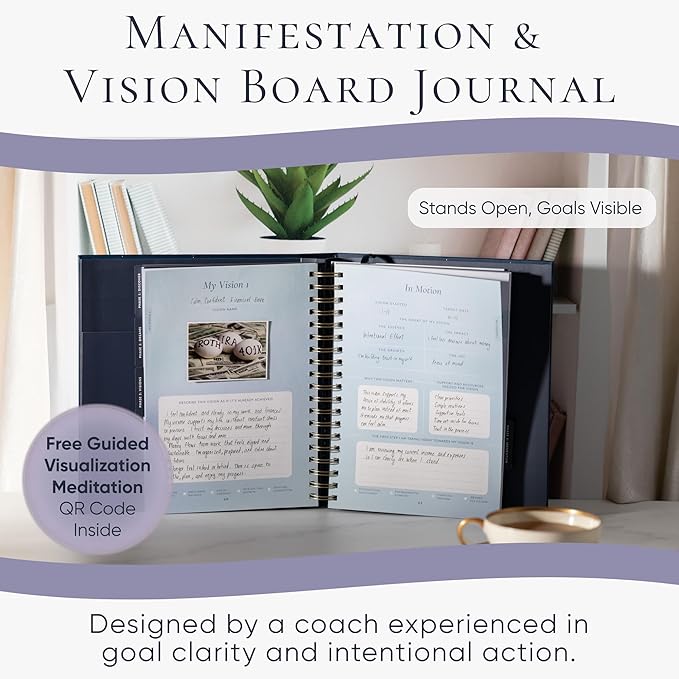 Manifestation Journal & Vision Board Kit Guided Journal | Self Improvement & Goal Planner with Habit Tracker for Self Care | Undated Vegan Leather Hardcover | Visions in Motion Portable Vision Board (Purple)