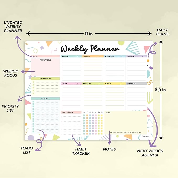 Decorably 52 Sheets Colorful Pastel Undated Weekly to Do List Notepad - 6.5x10" Spring-Bound Planner Pad, Easy Tear-Off, for Priorities, to-Do List, Habit Tracker, Focus & Notes - Home, School, Office