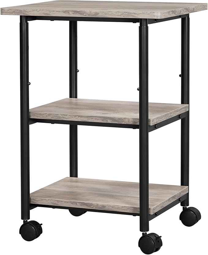 VASAGLE Heavy-Duty Printer Stand with Locking Wheels, 3-Tier Industrial Mobile Cart with Storage Shelf, Printer Table for Home, Office, 26.2-30.1" Adjustable Height, Heather Greige and Black