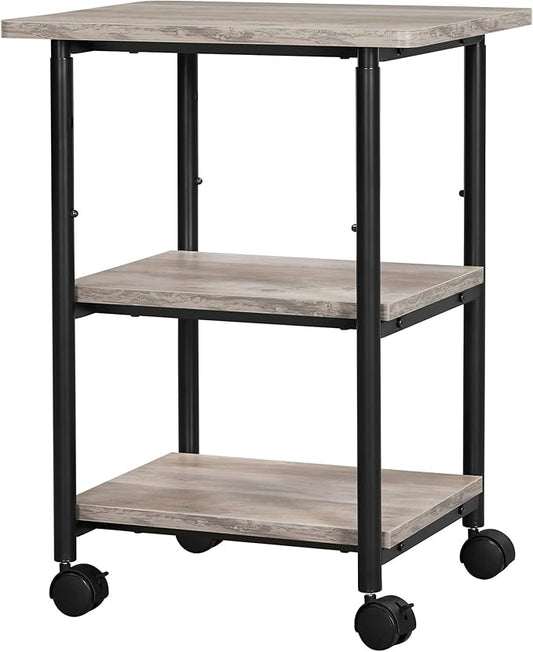 VASAGLE Heavy-Duty Printer Stand with Locking Wheels, 3-Tier Industrial Mobile Cart with Storage Shelf, Printer Table for Home, Office, 26.2-30.1" Adjustable Height, Heather Greige and Black