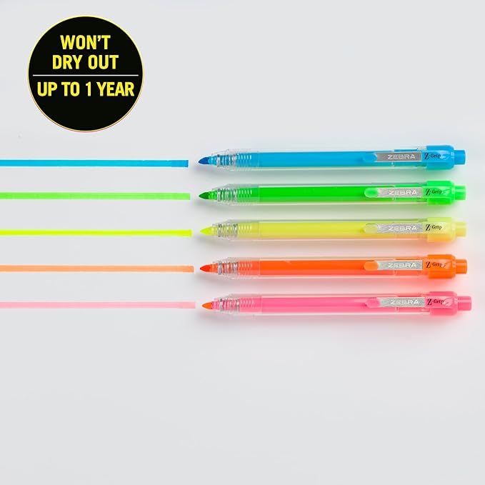 Zebra Pen, Z-Grip Retractable Highlighters, Chisel Tip, Assorted Neon Colors, Transparent Barrel, Click-Style Retractable Design, Built-In Metal Clip, Ideal for School and Office, 12-Pack (71200)