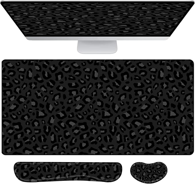 3Pcs Large Gaming Mouse Pad Desk Mat,Keyboard Mouse Wrist Rest Support Set,Extended Laptop Mouse Pad Memory Foam Non-Slip Base for Gamer Home Office(31.5x15.7in)-Black Leopard Cheetah