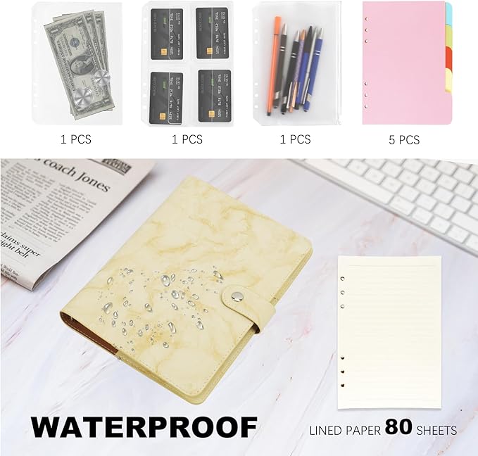 FYY A5 Binder Refillable Planner Notebook 6 Ring PU Leather Binder Journal with Pockets, Dividers, Refill Paper Marble Yellow