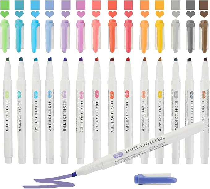 Real Mild Highlighters, Pastel Highlighter Assorted Colors Markers Dual Tip Highlighter Markers Chisel and Fine Tips for Coloring, Underlining, Highlighting (15colors)
