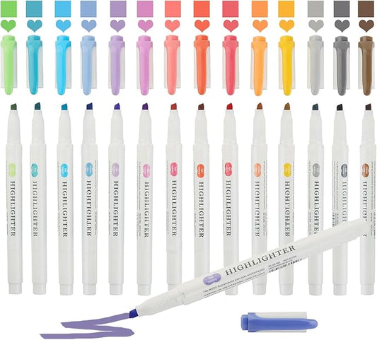 Real Mild Highlighters, Pastel Highlighter Assorted Colors Markers Dual Tip Highlighter Markers Chisel and Fine Tips for Coloring, Underlining, Highlighting (15colors)