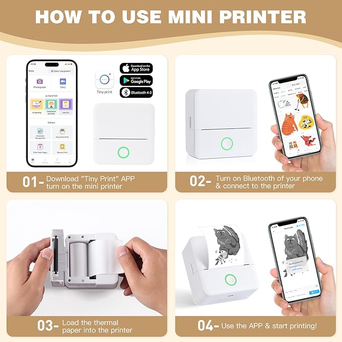cudinham Print Pods Mini Printer, Sticker Printer with 10 Rolls Thermal Printing Paper, Inkless Pocket Printpod for Phone, Impresora Portátil for Notes, DIY, Compatible with iOS & Android (White)
