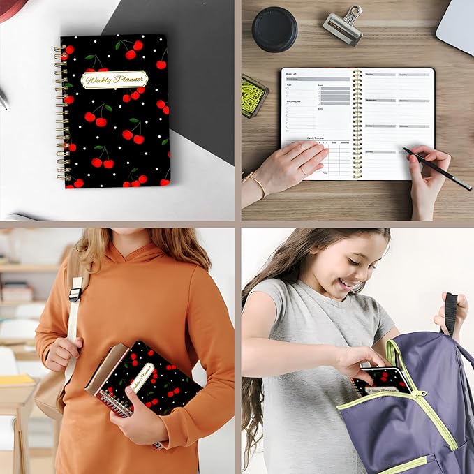 Weekly Planner Undated - 52 Weeks To Do List Notebook A5 for Work: Weekly Task, Habit Tracker Journal, Goal Setting, Agenda Sprial Bound Organizer Book for Women Cute Stylish Design, Cherry