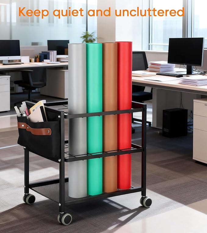 Blueprint Storage Rack Cart with Side Storage Bags, 20 Slots(3.2" x 3.2") Double-Layer Grids Metal Mobile Blueprint Holder with Silent Non Slip Wheels for Home, Office, School