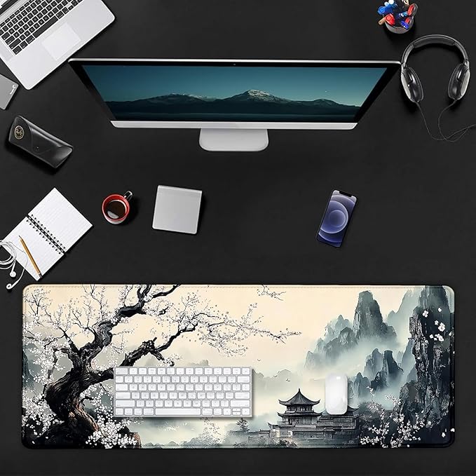 Japanese Cherry Blossom Large Mouse Pad, Desk Mat Computer Keyboard Pad Non-Slip Rubber Base Waterproof with Stitched Edges for Laptop Gaming, Office & Home 31.5 x 11.8 Inch