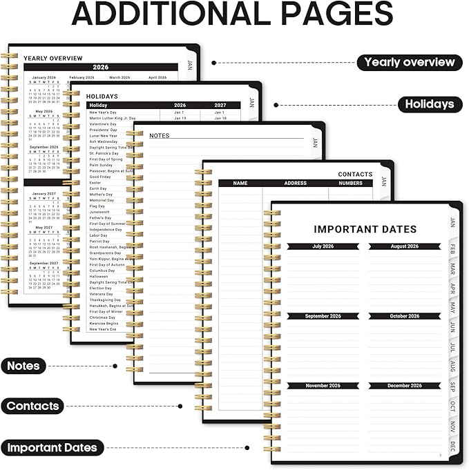 2026 Planner, Weekly and Monthly Calender Planner, Jan 2026 to Dec 2026, Hardcover 2026 Calendar Book with Tabs & Inner Pocket, Office Home School Supplies for Women & Men - A5 (6.3" x 8.5"), Black