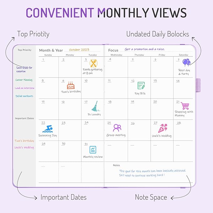 Undated Weekly Planner for 2026, Forvencer Simplified Weekly & Monthly Calendar Planner, Cute Daily Organizer Notebook, Agenda Journal to Track Goals & Tasks, Start Anytime, A5 Size, Navy Floral