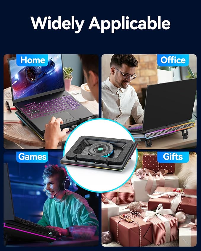 llano V12 Gaming Laptop Cooling Pad, RGB Laptop Cooler, Laptop Cooling Fan Stand with 5.5 Inch Powerful Turbofan, for 15.6-19in Laptop, Adjustable Speed, Dustproof, 3-Port USB Hub, Black (RGB)