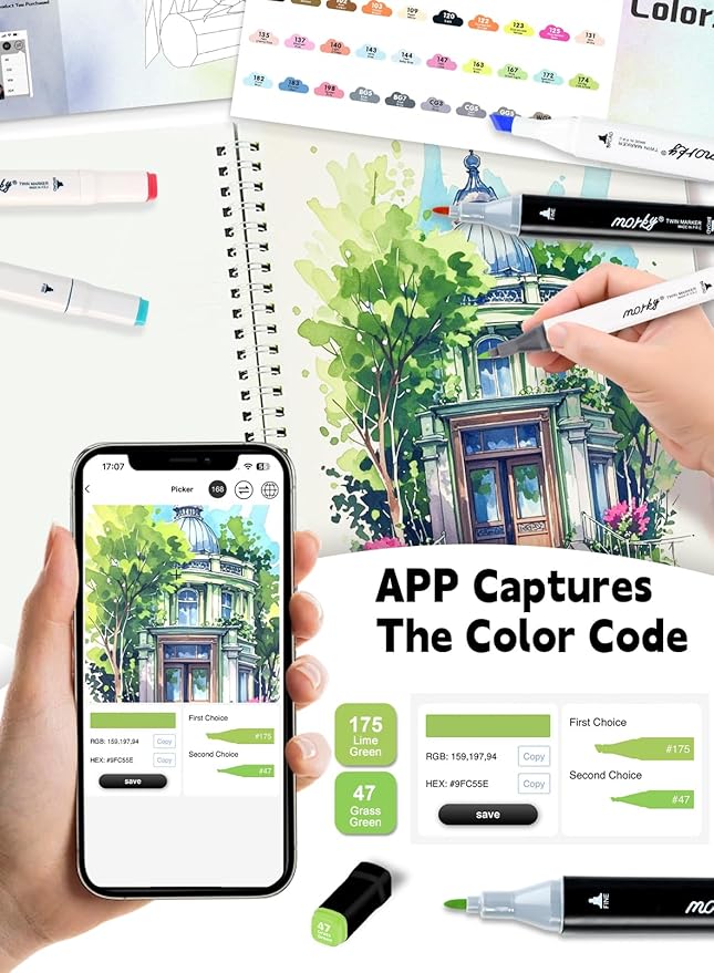 204 Colors Alcohol Markers with Free App, Chisel & Fine Tip Alcohol-Based Marker Set for Adults, Dual Tip Artist Markers for Drawing, Coloring Illustration, Painting and Great Gift Idea