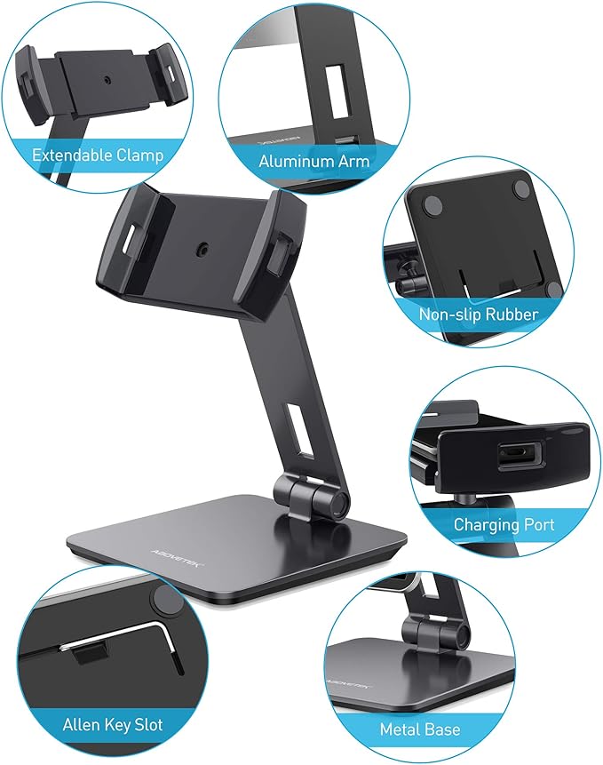 AboveTEK Business Kiosk Aluminum Tablet iPad Stand, 360° Swivel Tablet & Phone Holders for Any 4"-15.6" Display Tablets/Cell Phones/Portable Monitor, Sturdy for Store POS Office (Grey)
