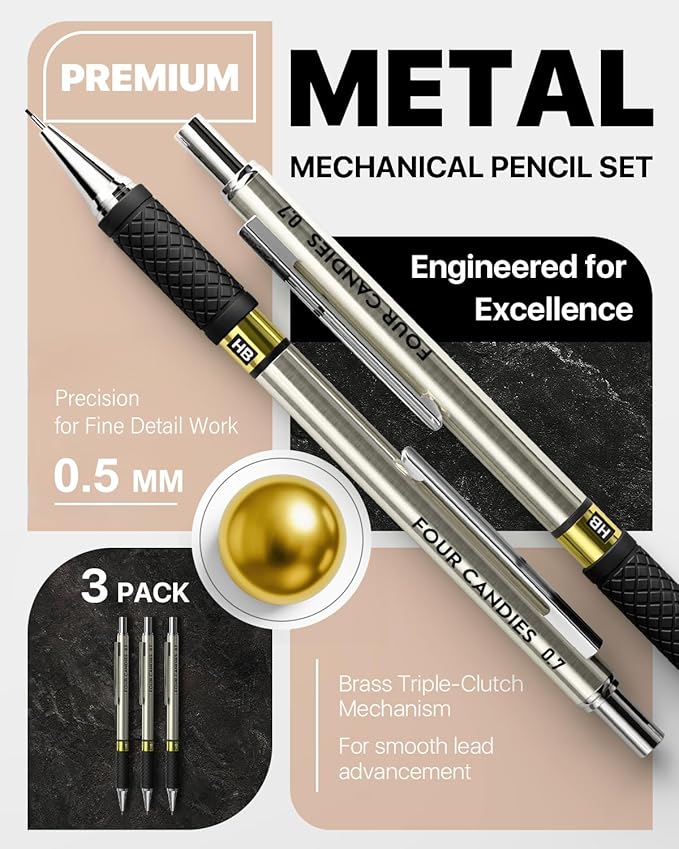 Metal Mechanical Pencil Set - 3PCS 0.5mm Art Mechanical Pencils & 360PCS HB Lead Refills & 3PCS Erasers & 9PCS Eraser Refills, Drawing Mechanical Pencils for Writing, Sketching -With Case