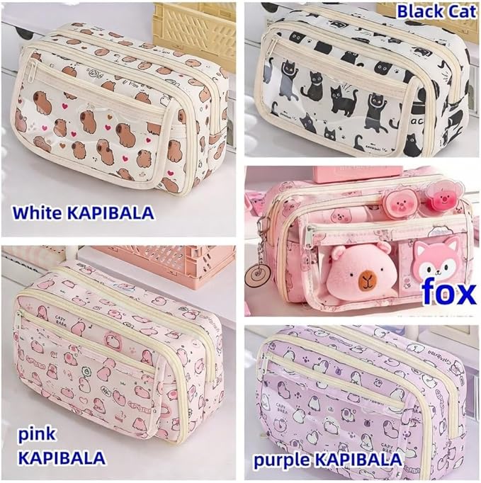 Cute Kawaii Pencil Case Pouch Cartoon Pen Box Holder Organizer for Office Workspace Supplies Desk Accessories Travel Essentials Aesthetic Trendy Cool Stuff Gift Large Capacity (Purple Kapibala)