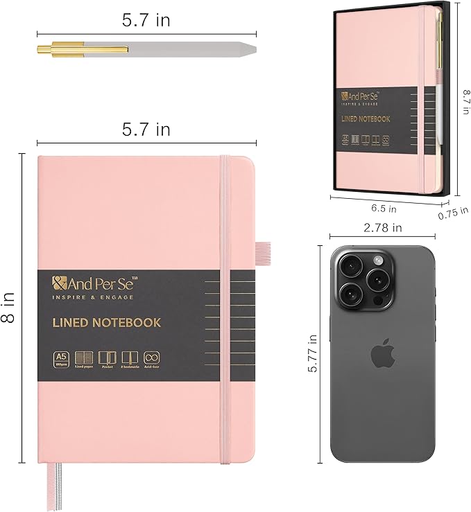 &And Per Se Lined Journal and Pen Set, A5 Leather Hardcover Notebook with Pen & Stationary Set, 160 Pages Journal for Business Work Writing, Valentine's Day Gift Set for her (Pink, Gift Set)