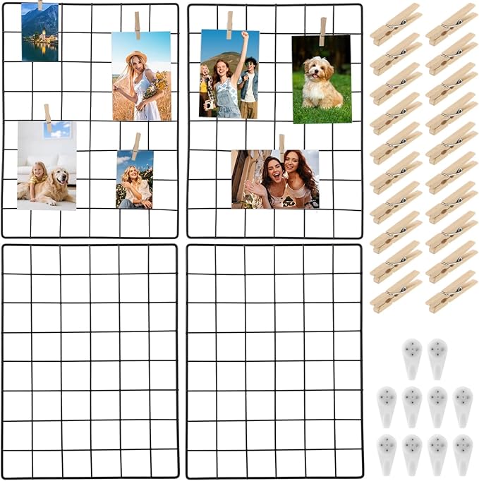 Wire Wall Grid Panel with Wall Grid Shelf with Photo Frames for Photo Display, Metal Mesh Message Board Memo Boards, Heavy Duty Gridwall Display Rack for Art Retail Display (Black-B)