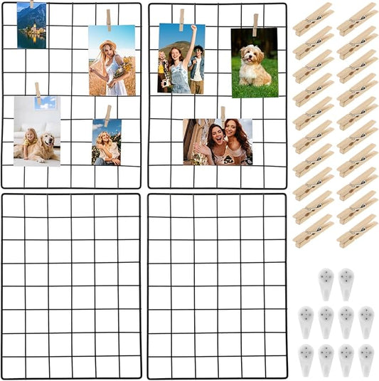 Wire Wall Grid Panel with Wall Grid Shelf with Photo Frames for Photo Display, Metal Mesh Message Board Memo Boards, Heavy Duty Gridwall Display Rack for Art Retail Display (Black-B)