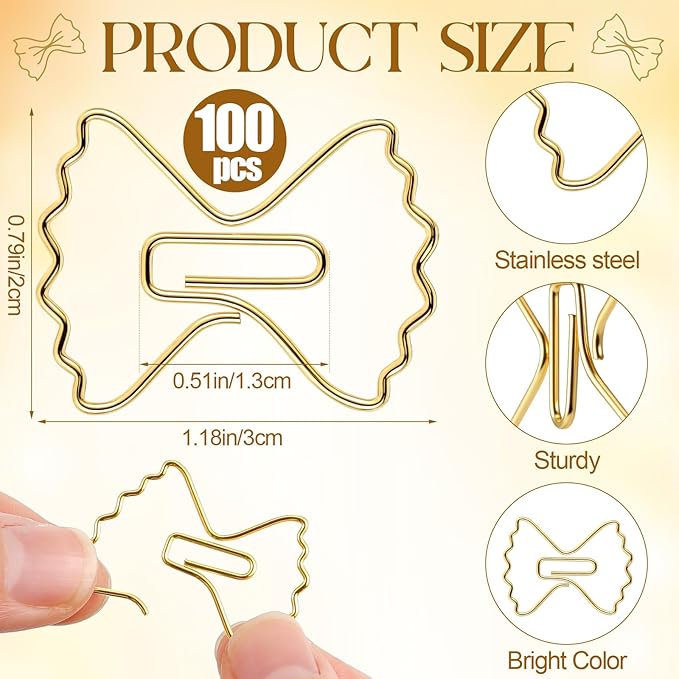Jetec 100 Pcs Pasta Paper Clips Gold Cute Fancy Mini Bow Shaped Stainless Steel Metal Bookmarks Bulk for Office Stationery School Supplies Document Note Sorting Wedding Decoration