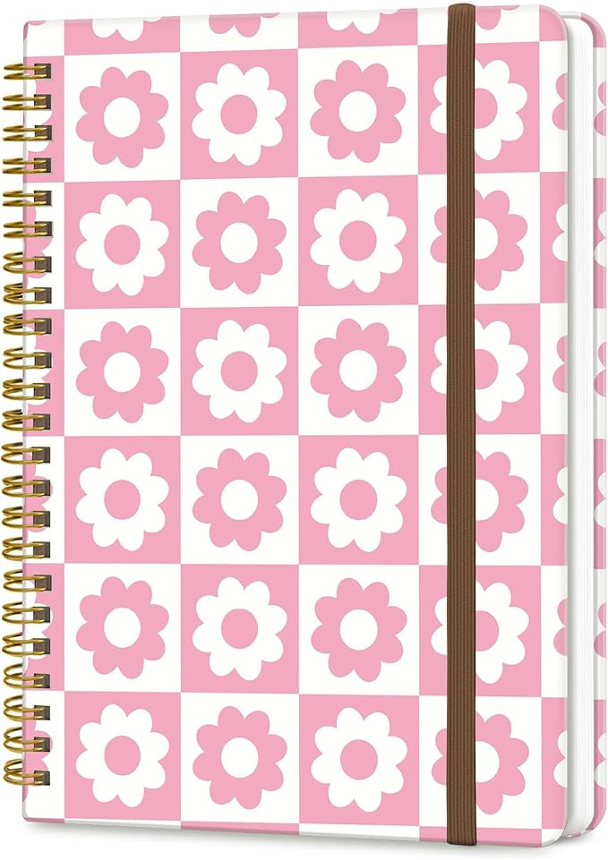 Spiral Journal Notebook, A5 Cute Notebooks for Women Men, College Ruled Hardcover Notebook for Work & Note Taking, 60 Pages Double-Wire Journals for Writing, Cute Pink Plaid Daisy