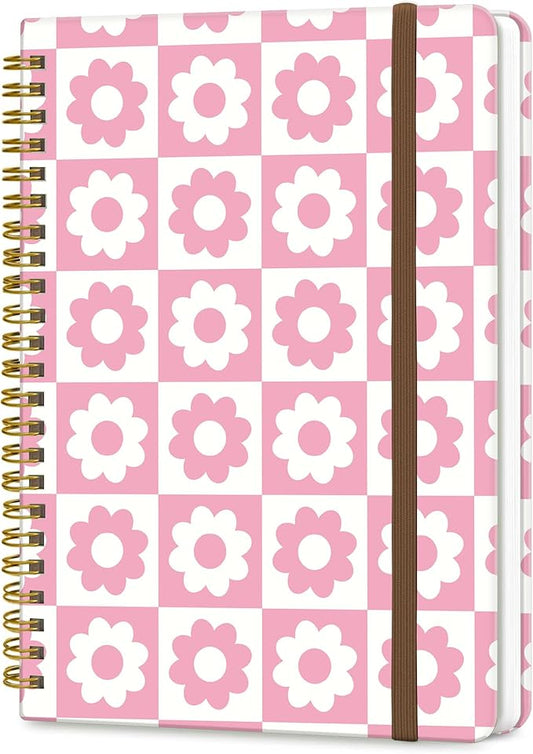 Spiral Journal Notebook, A5 Cute Notebooks for Women Men, College Ruled Hardcover Notebook for Work & Note Taking, 60 Pages Double-Wire Journals for Writing, Cute Pink Plaid Daisy