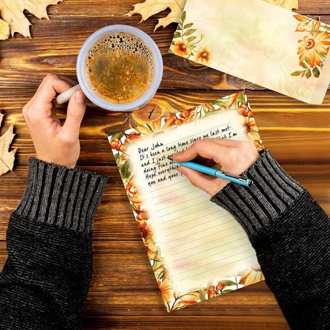 Stationary Writing Paper with Envelopes - Flora Stationery Set with Lined Letter Writing Paper, 48 Sheets + 24 Envelopes, 8.5 x 11 Inch of Each Stationary Paper