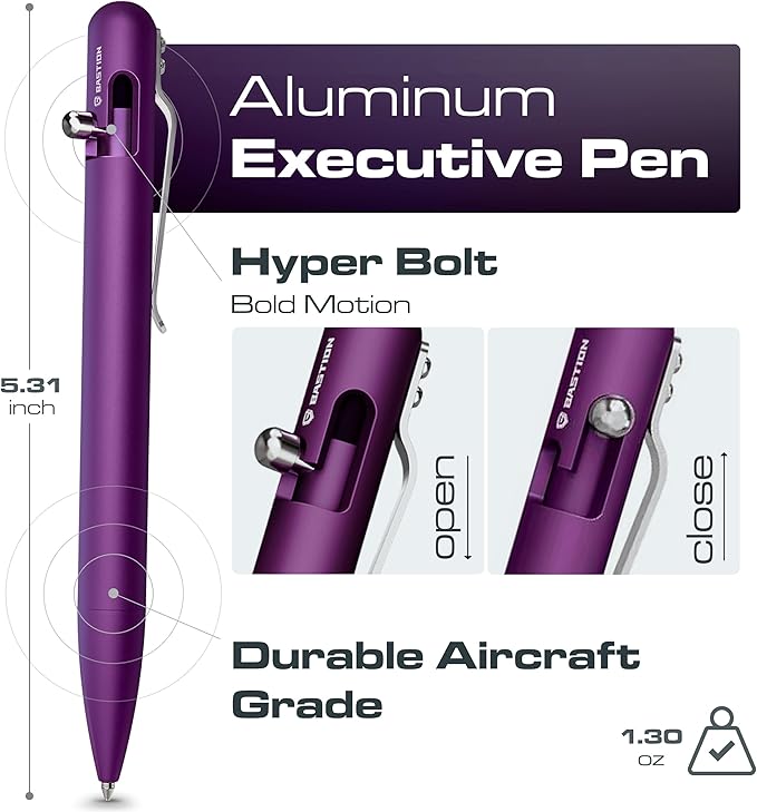 BASTION Aluminum Bolt Action HyperBolt Pen - CNC Machined Lightweight EDC Writing Tool, Refillable, Premium Gift Pen for Women & Professionals - Purple