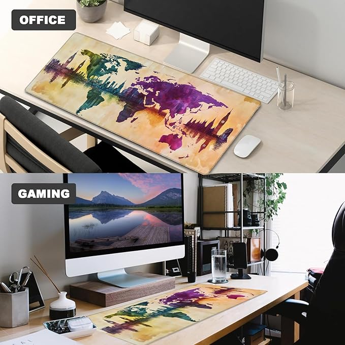World Map Retro Gaming Mouse Pad – 12x31.5in Non-Slip Rubber Desk Mat with Vibrant City Skyline Design – Large Extended Mousepad for Office Home – Deskmat Gifts for Travel and Art Lovers Decor
