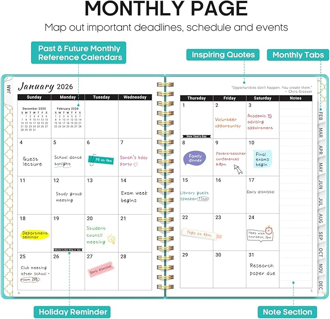 2026 Planner, Weekly and Monthly Calendar Planner, January 2026 - December 2026, Hardcover 2026 Calendar Book with Tabs For Women & Men, Inner Pocket, Spiral Bound, Perfect for Office Home School Supplies - A4 (8.5" x 11"), Aquamarine