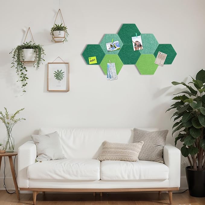 8 Pcs 12" Large Hexagon Felt Cork Board Tiles Self Adhesive DIY Bulletin Board Pin for Office Home Wall Decor Stickers Memos Photos Display with 10 Multi-Color Clip Drawing Pins(Green)