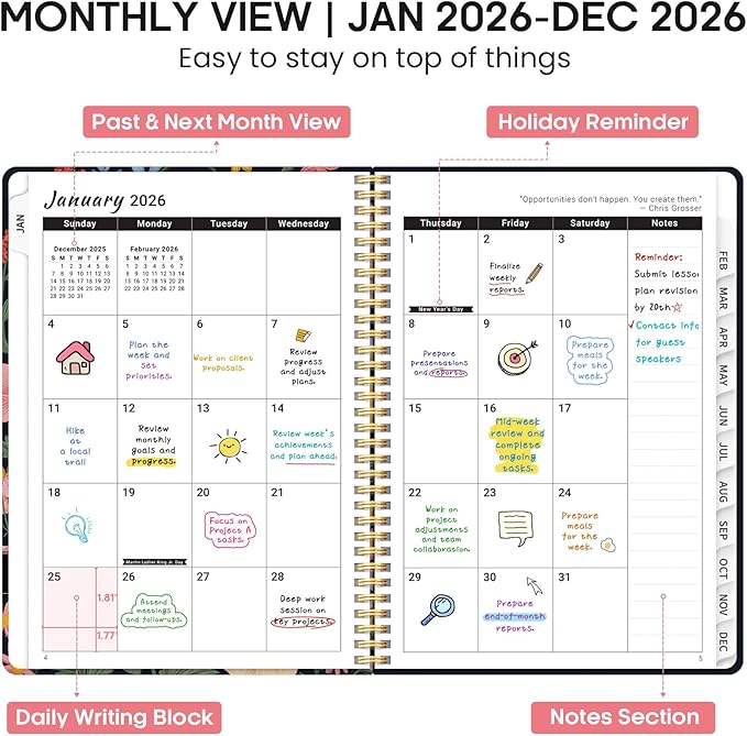 2026 Planner, Weekly and Monthly Calendar Planner Book, January 2026 - December 2026, Hardcover Spiral Planner with Monthly Tabs, Notes Pages, Perfect for Women & Men, A4 (8.5" x 11") - Bird
