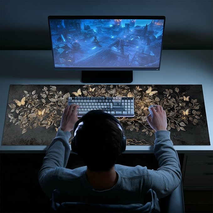 Large Mouse Pad Gaming Mousepad 31.5 x 11.8 Inch Keyboard Desktop Mat Diatomite XL Mouse Pad for Home and Office Desk Accessories with Golden Tree Butterfly Glow Artwork Diatomite